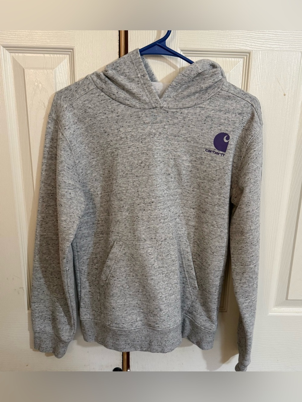 Carhartt Girls Gray Hoodie Purple Logo Sleeve Fleece Sweatshirt L 12